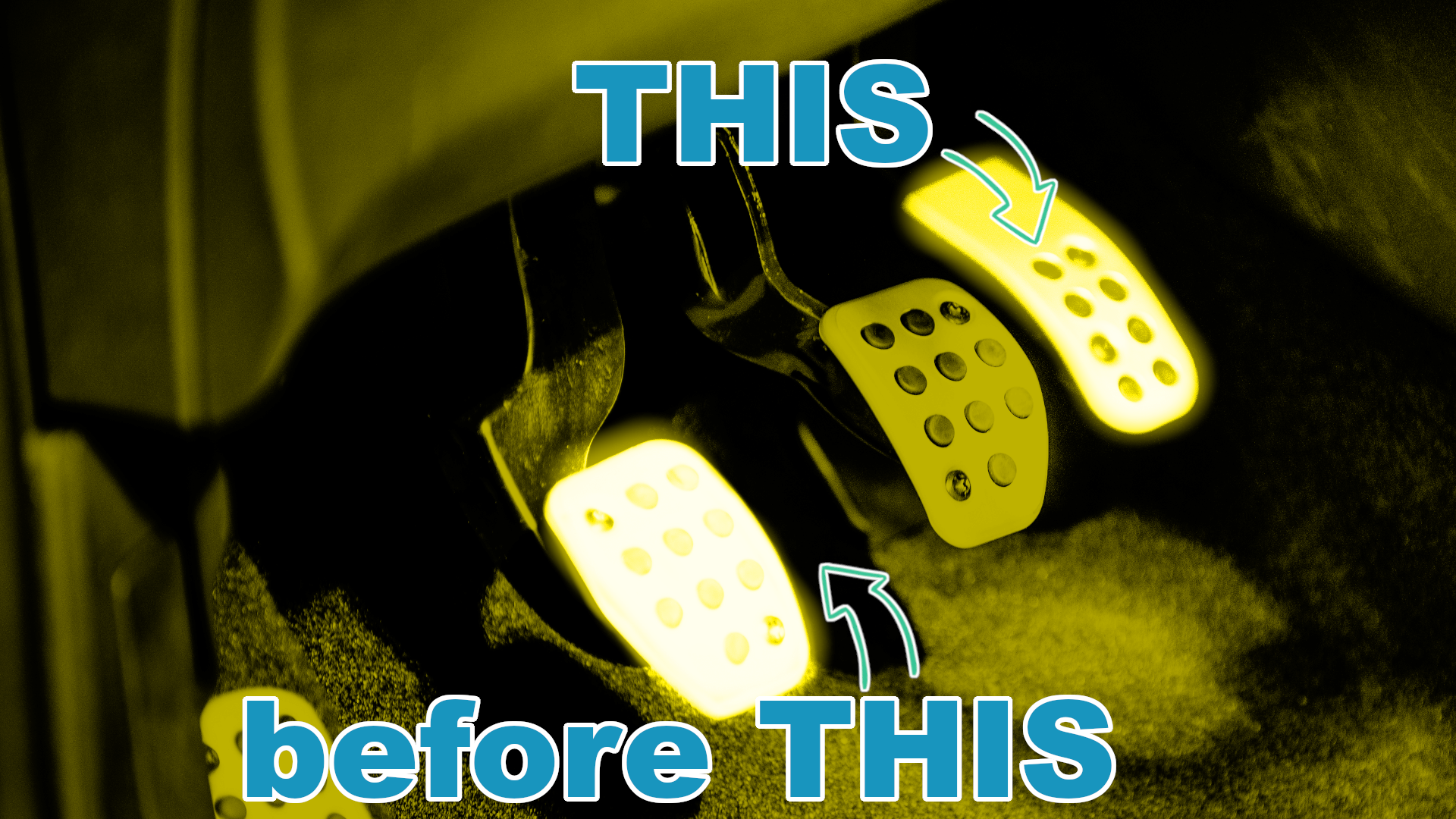 A picture of car control pedals emphasising the need to add gas before lifting the clutch to the biting point