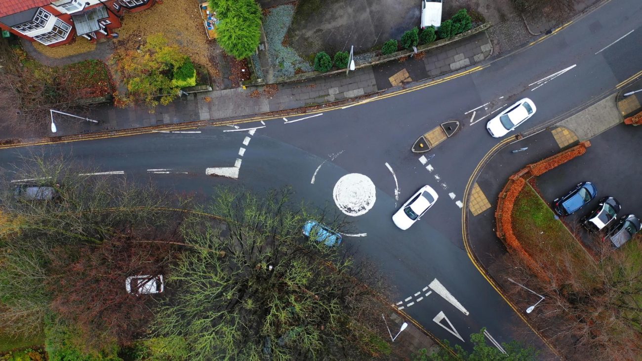 A mini roundabout in the UK - aerial image